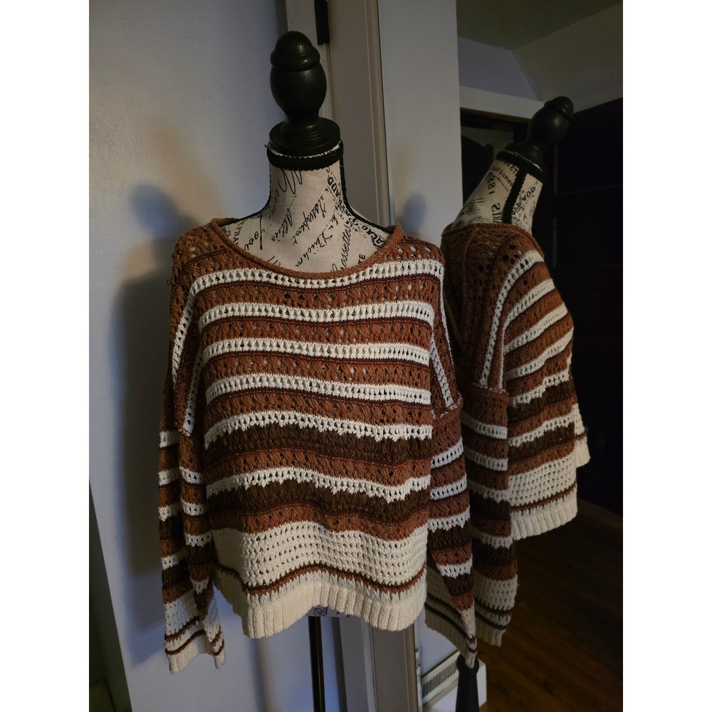 Free People On The Horizon Striped Crochet Sweater Caramel Cafe Combo XS NWT